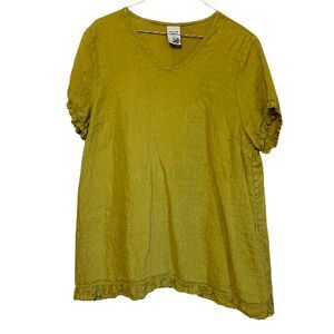 MATCH POINT Linen Ruffle Sleeve V-Neck Top Green Size L Casual Boho